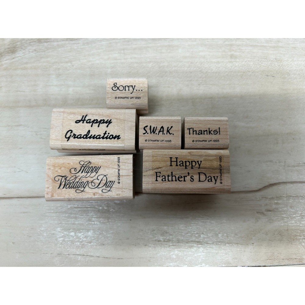 Vintage 1993 Stampin' Up! Set Of 6 Wishes Wood Mounted Rubber Stamps